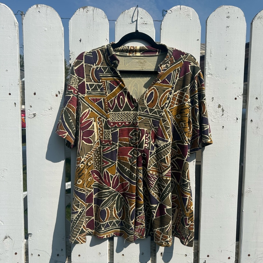 Vintage Boho Bamboo Button Up Shirt XL Abstract Print Hippie